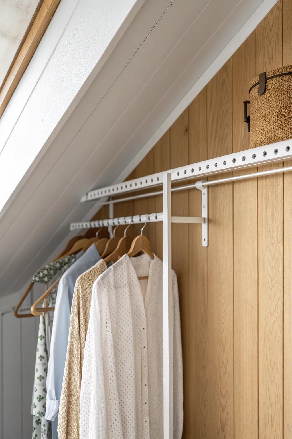 Adjustable wall standards make sloped-ceiling closets flexible—shift shelves and rods in seconds.