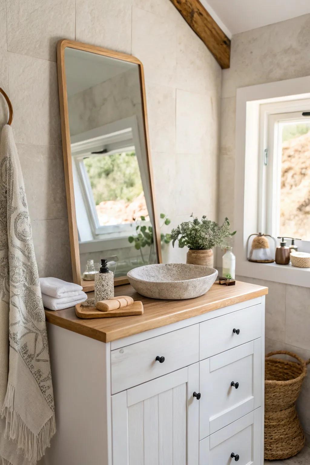 A large mirror makes a tiny bathroom feel instantly deeper—go wide for major space magic.