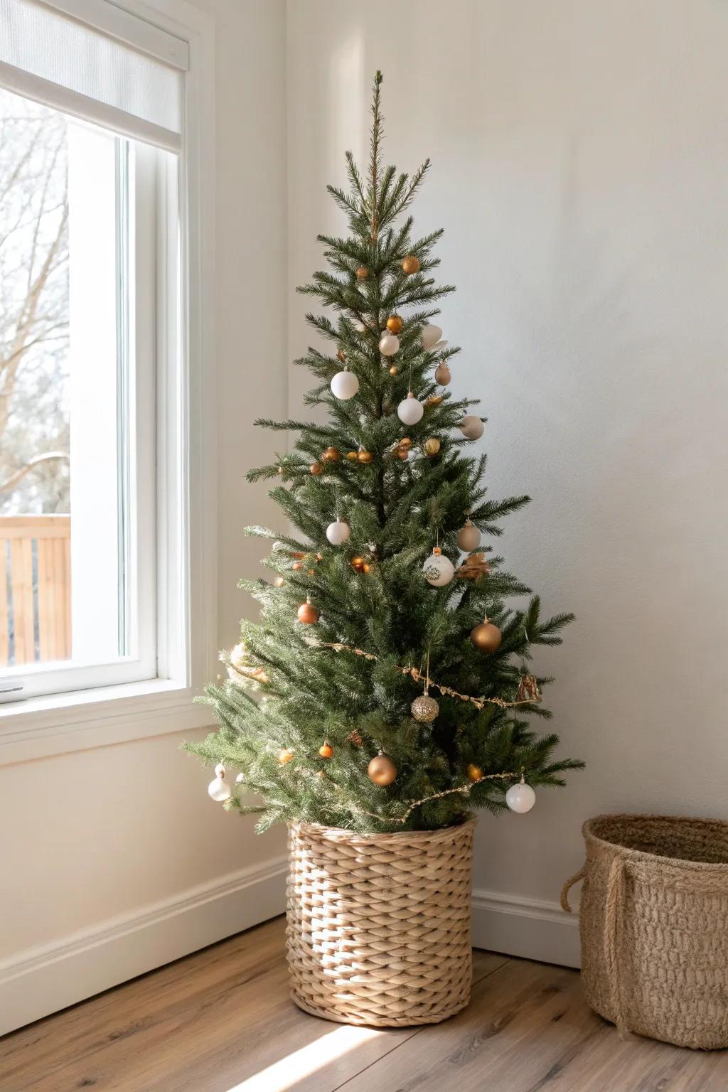 A slim corner tree keeps tiny apartments festive—simple, airy, and easy to walk past.