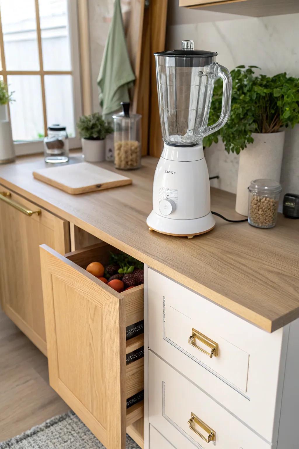 Pull-out shelves make small kitchens feel bigger—slide your blender out, then stash it away fast.