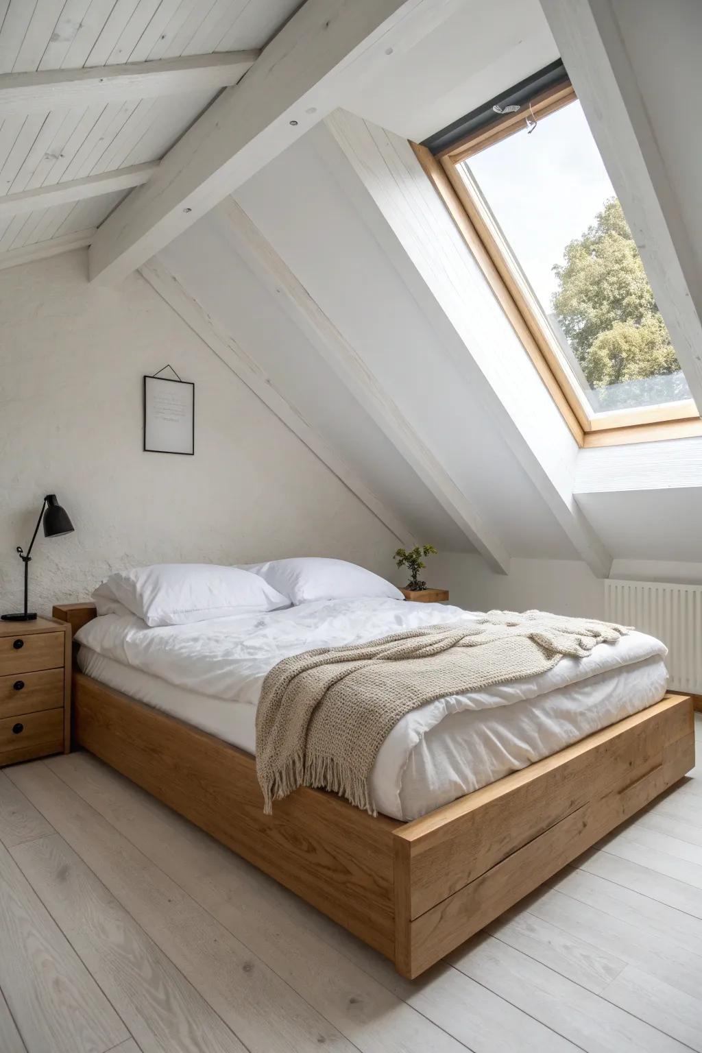 Soft white attic walls + airy linen bedding make the slope feel charming—add one warm wood tone.