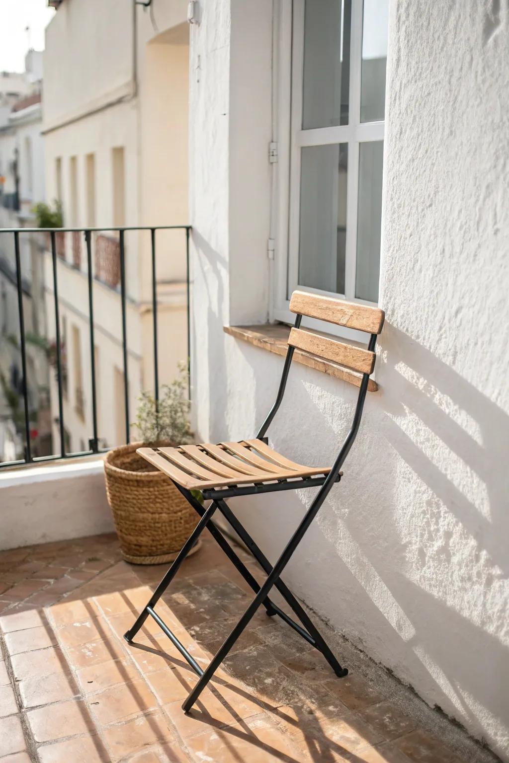 A folding bistro chair that tucks away all week and opens up for instant balcony coffee.