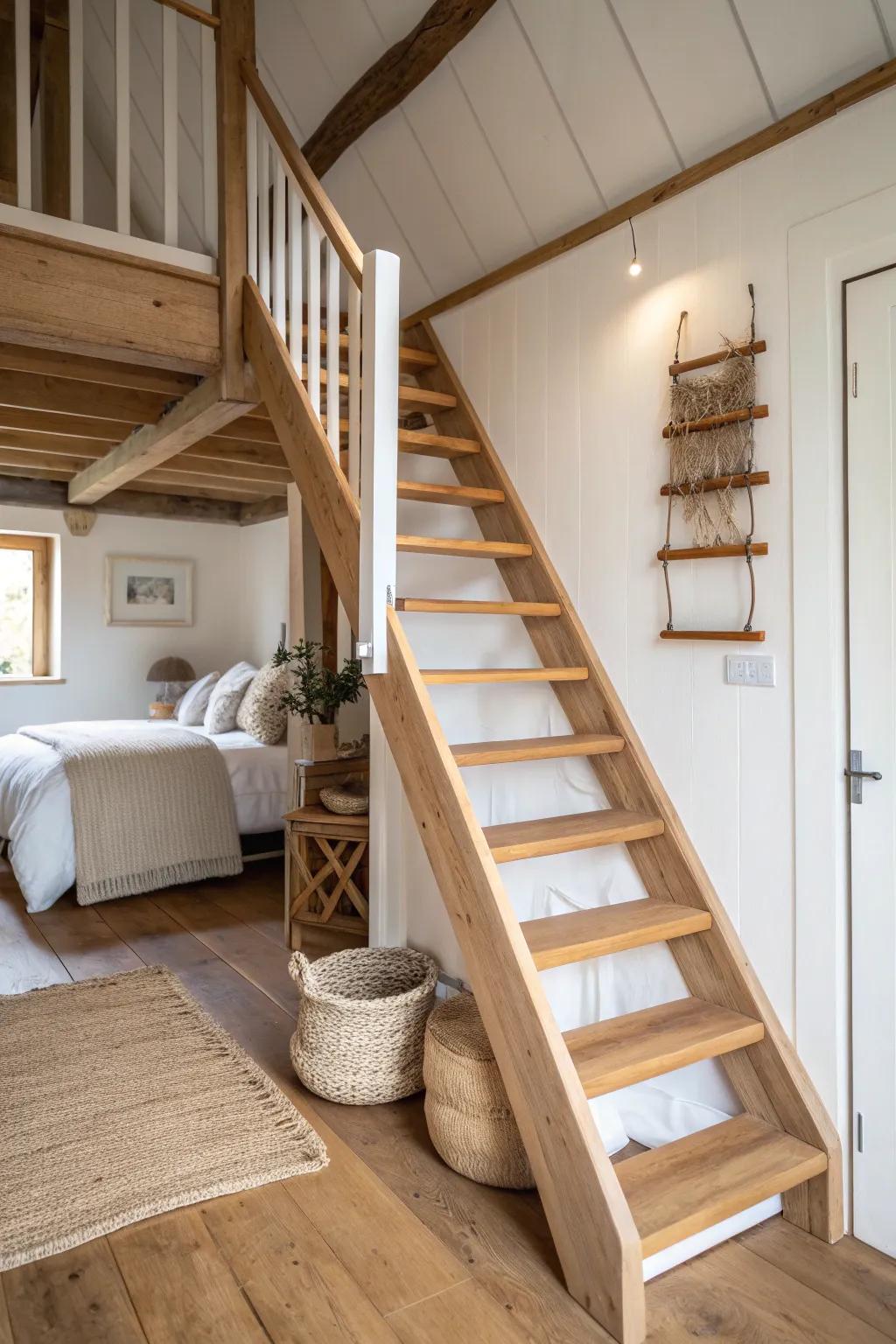 A compact oak stair turns a barn loft bedroom into a cozy, livable small-space layout.