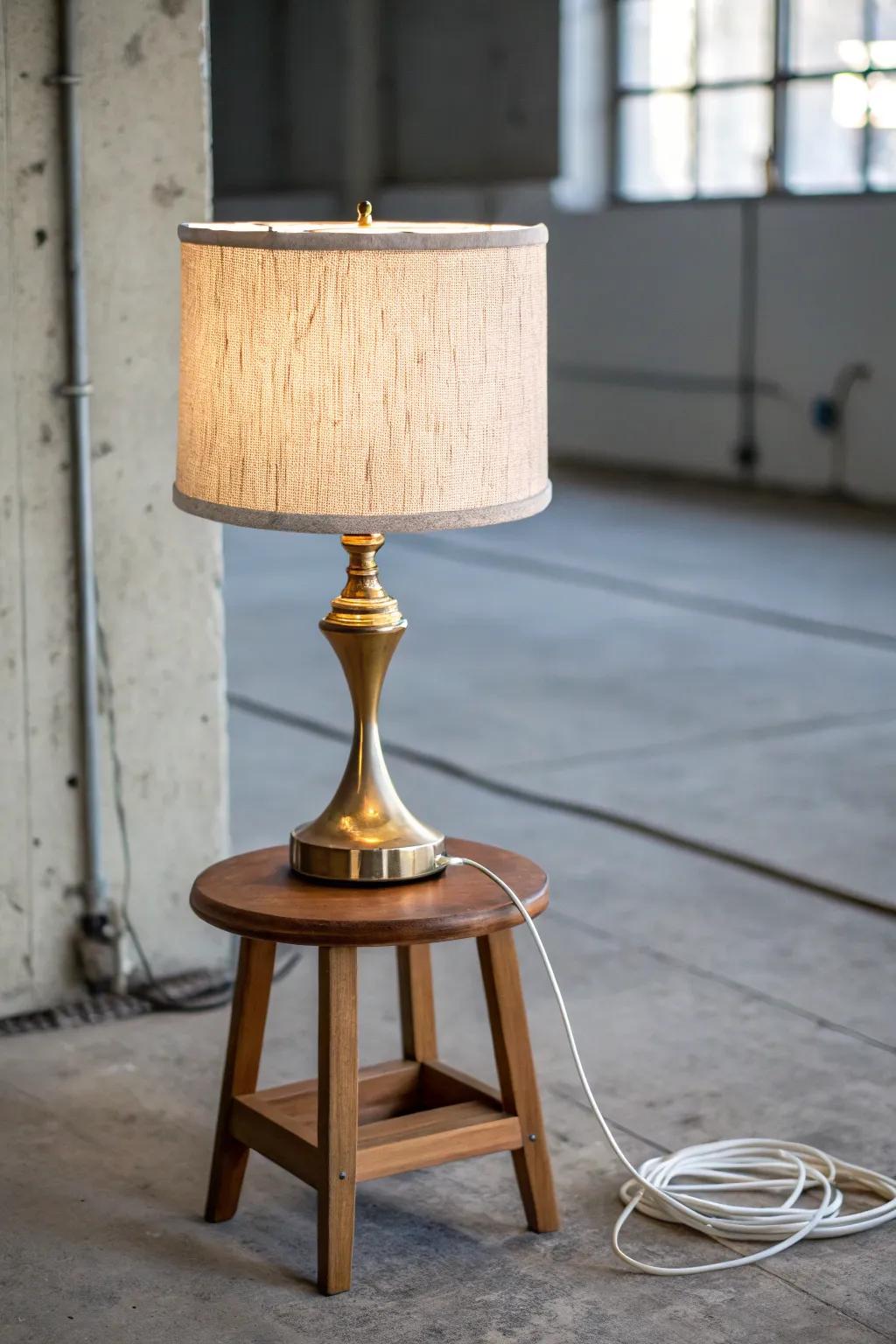 Budget basement glow: a thrifted plug-in lamp adds warmth without costly electrical work.