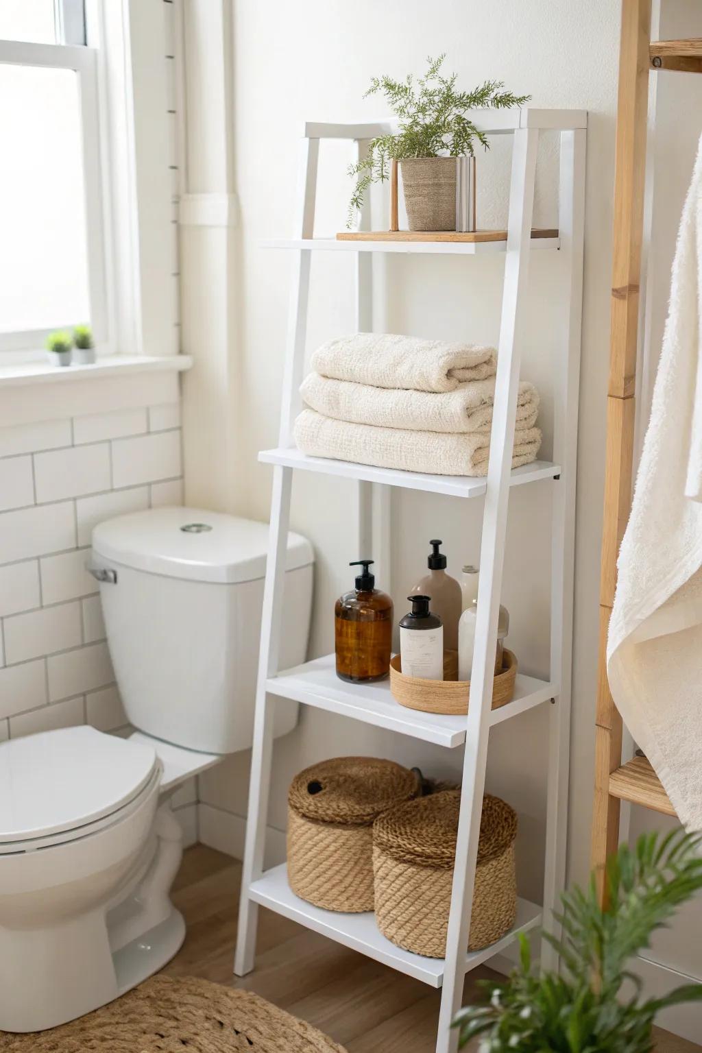 Slim over-the-toilet étagère: vertical storage for rolled towels and backups, zero clutter.