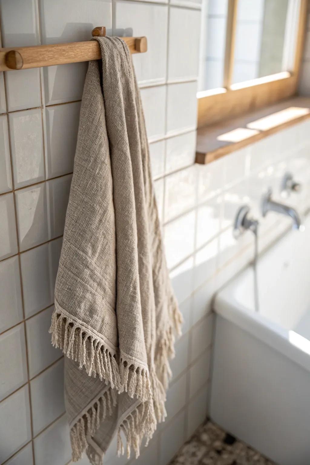 Soft greige + white tile = instant warmth—try a linen towel for an easy, cozy update.