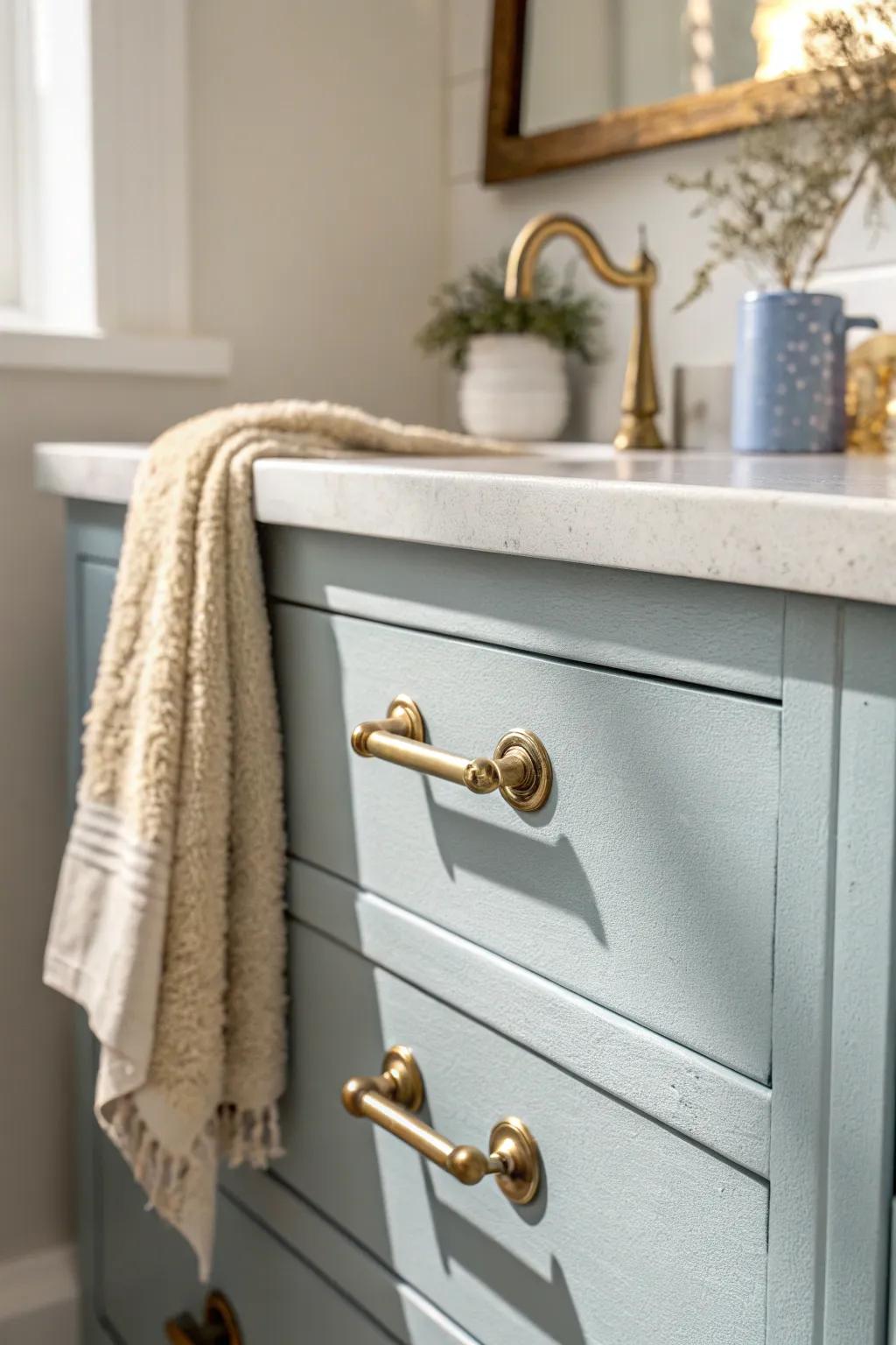 Brushed brass pulls on a blue vanity add instant warmth and glow—perfect for a small bathroom.