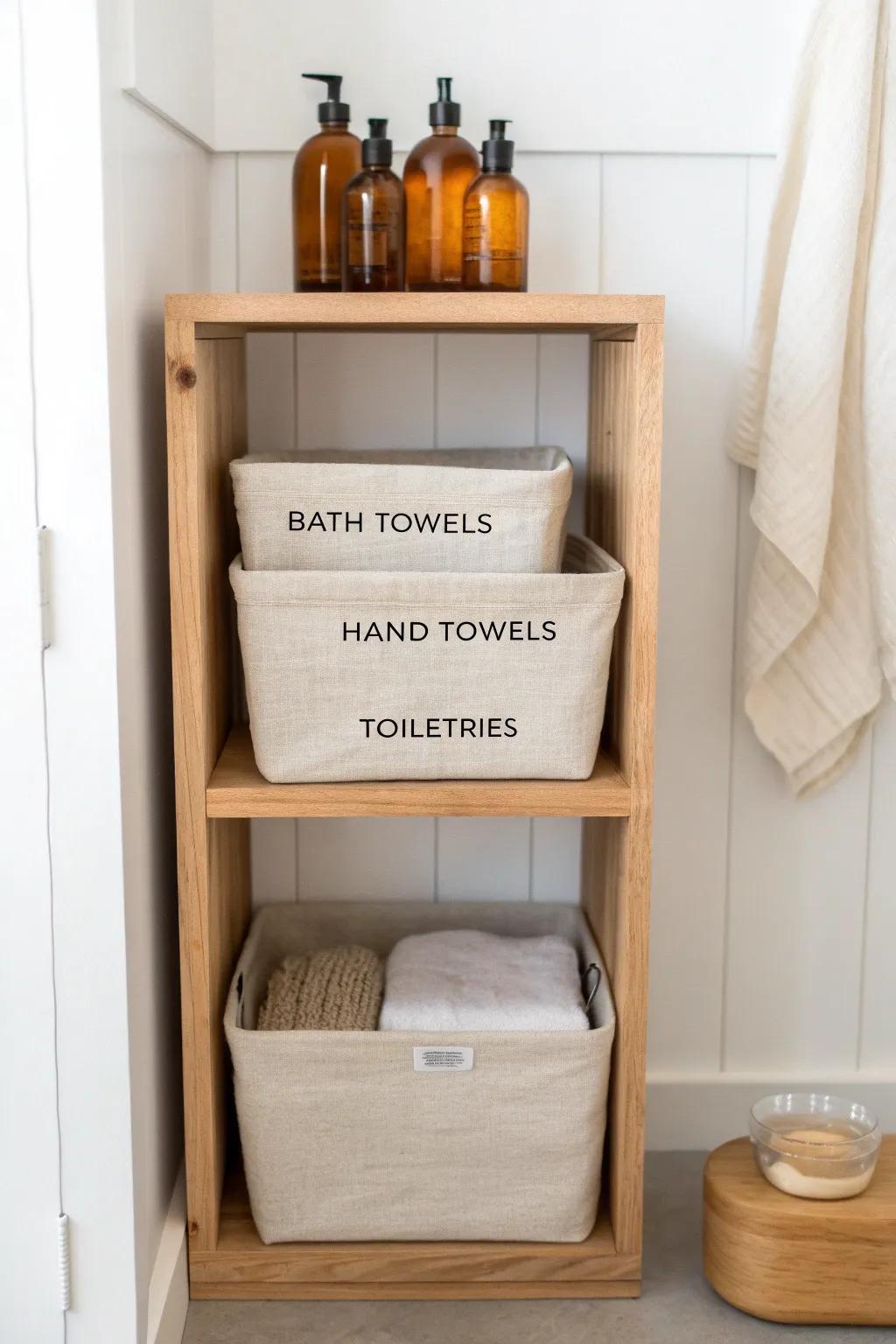 Assign each shelf a category—towels and toiletries stay tidy, easy to grab, and calm.