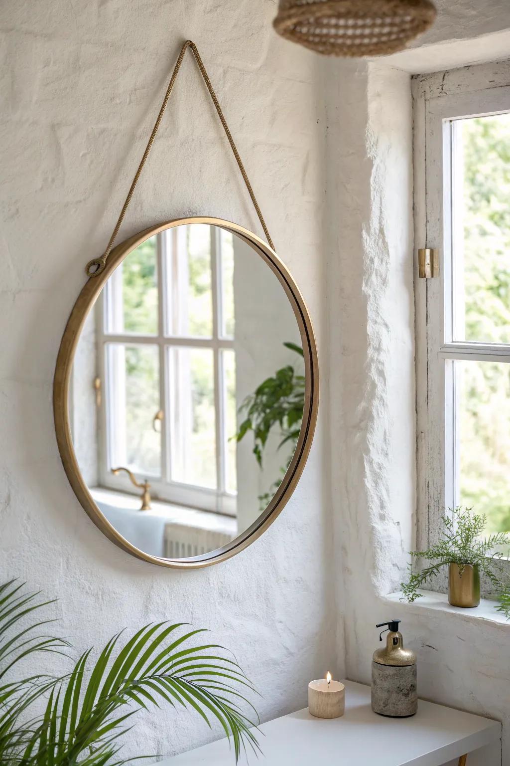 A round mirror adds instant calm and designer polish—perfect for a small bathroom refresh.