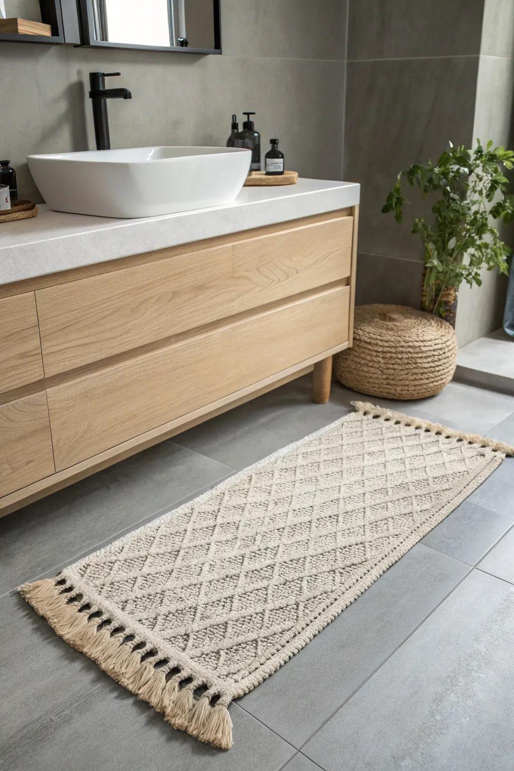 A slim low‑pile vanity rug adds warmth underfoot—no bunching, just calm morning comfort.