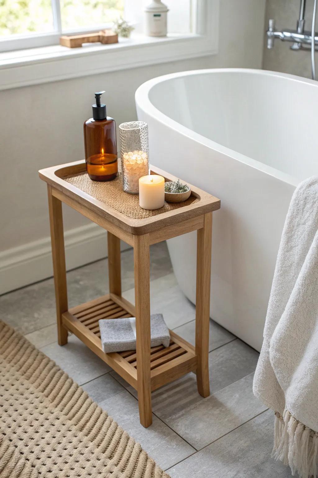 A slim oak tub-side table makes a small bathroom feel like a spa—simple, calm, intentional.