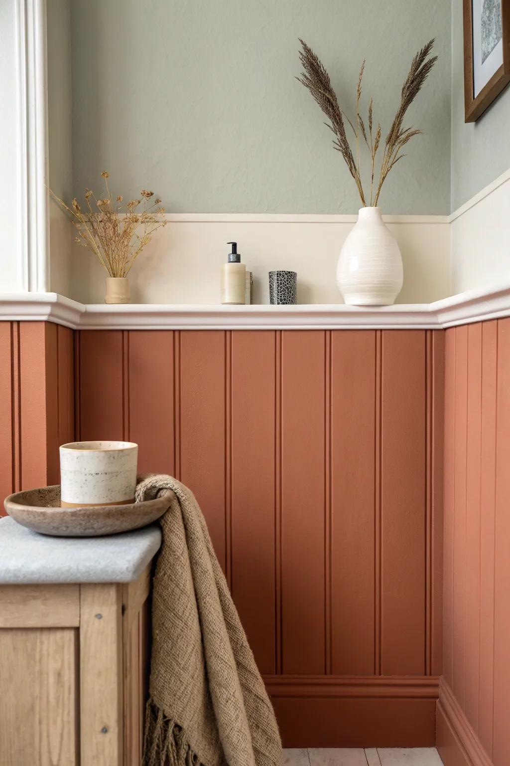 Two-tone paneling: deeper lower color with warm white above for bright, designer contrast.