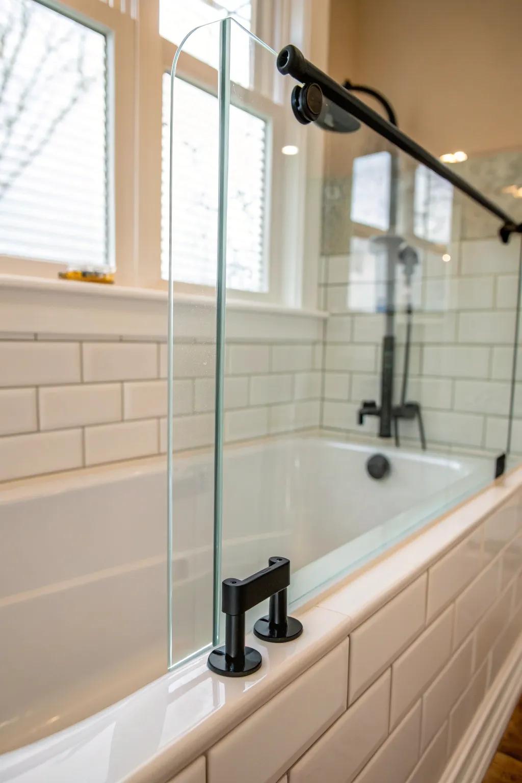 Fixed glass panel = airy tub-shower combo—no clingy curtain, just clean lines and space.