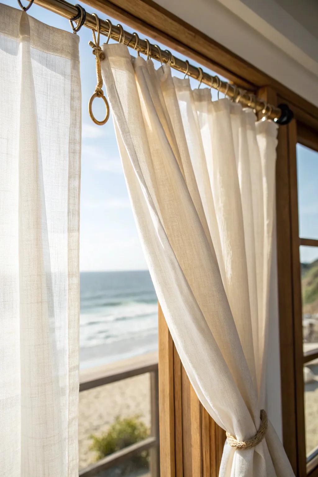 Sheer linen curtains hung high and wide make a tiny beach condo feel bright, breezy, and bigger.
