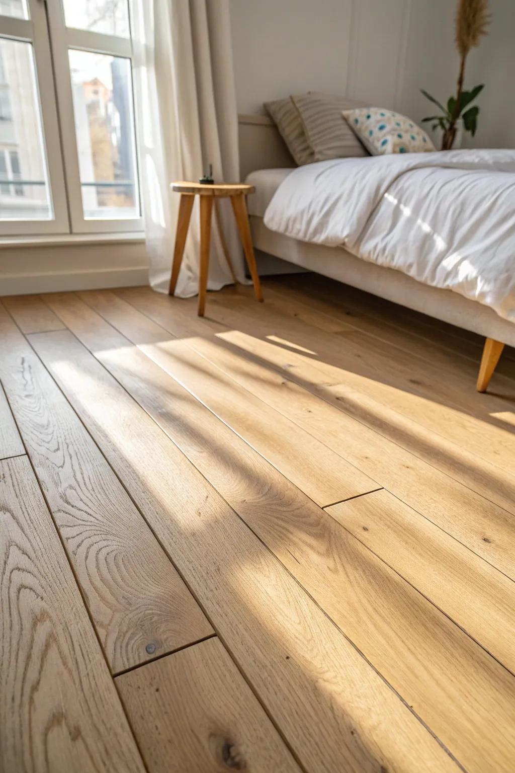 Wide-plank floors calm a small bedroom—fewer seams, cleaner lines, instantly bigger feel.