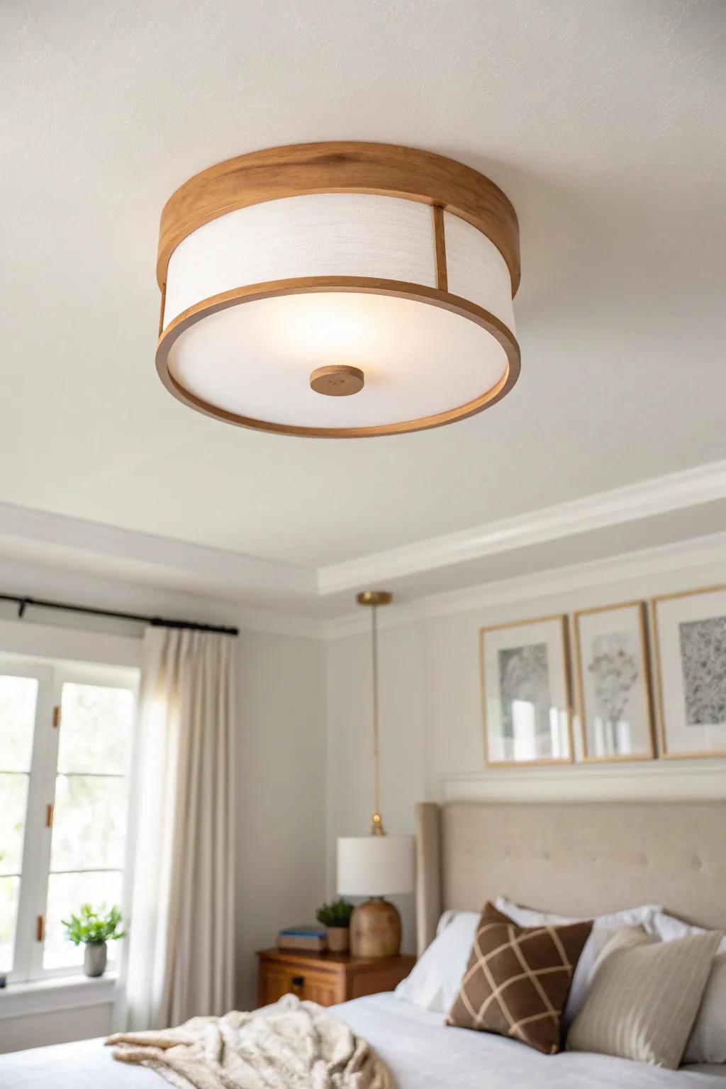 Low-profile flush mount with an opal diffuser keeps low ceilings bright and cozy.