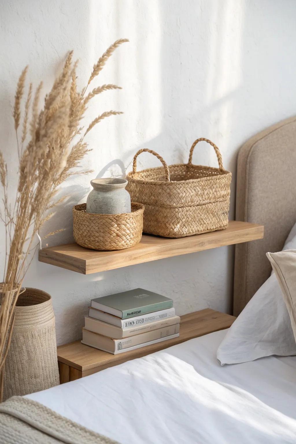 Add an over-the-bed shelf to clear surfaces—pretty baskets hide small-bedroom clutter.