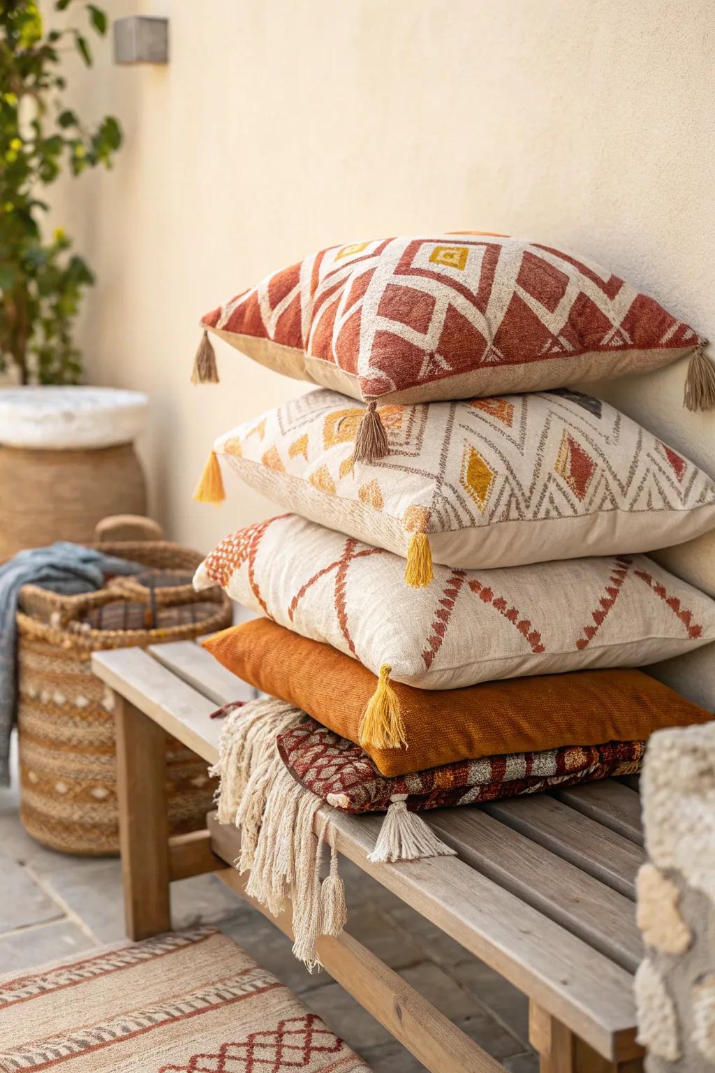 Go big on throw pillows—mix terracotta and mustard patterns for instant small-patio boho.