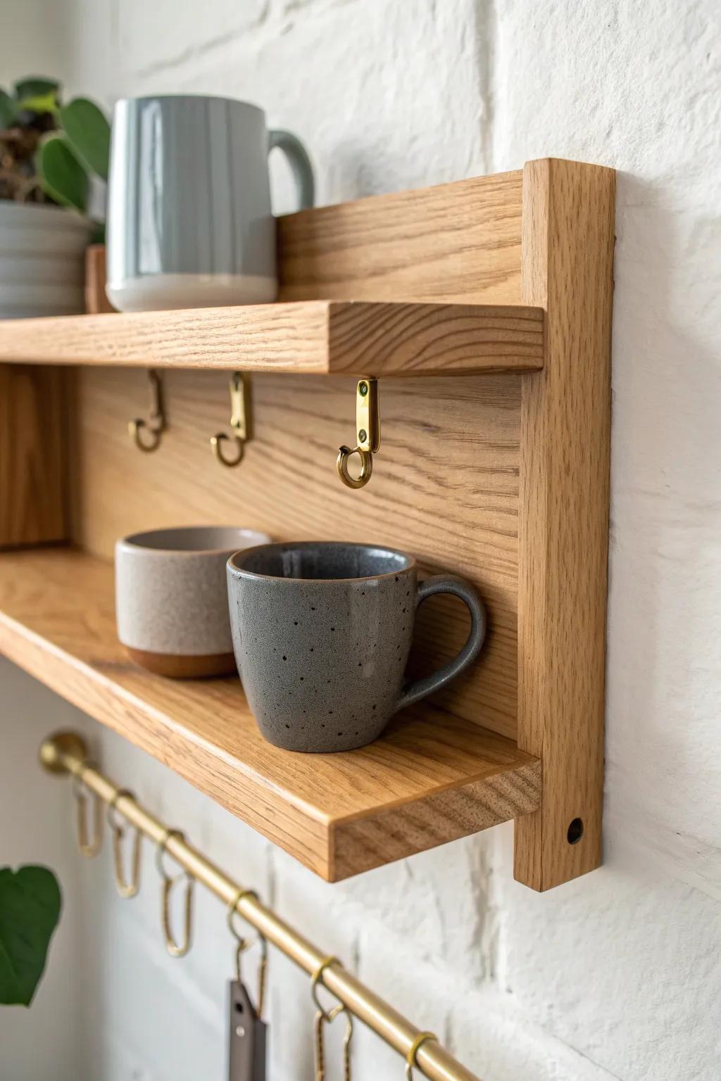 Turn a dead corner into a calming coffee home base with a slim shelf + hooks—perfect for tiny break rooms.