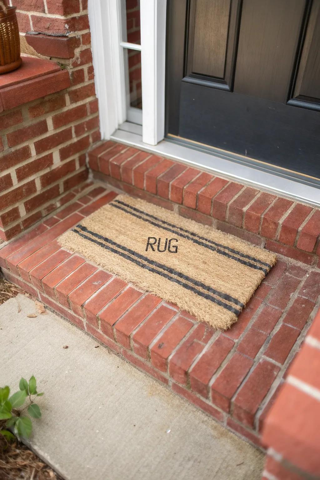 Layer a simple doormat over a larger rug to warm up a tiny brick stoop and make it feel wider.