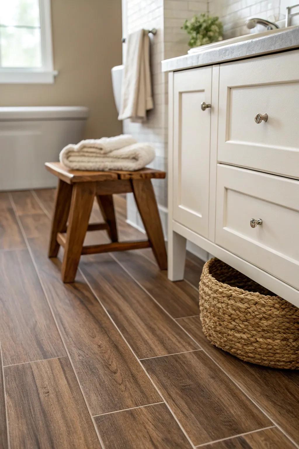 Warm wood-look planks laid lengthwise make a tiny brown bathroom feel longer and calmer.