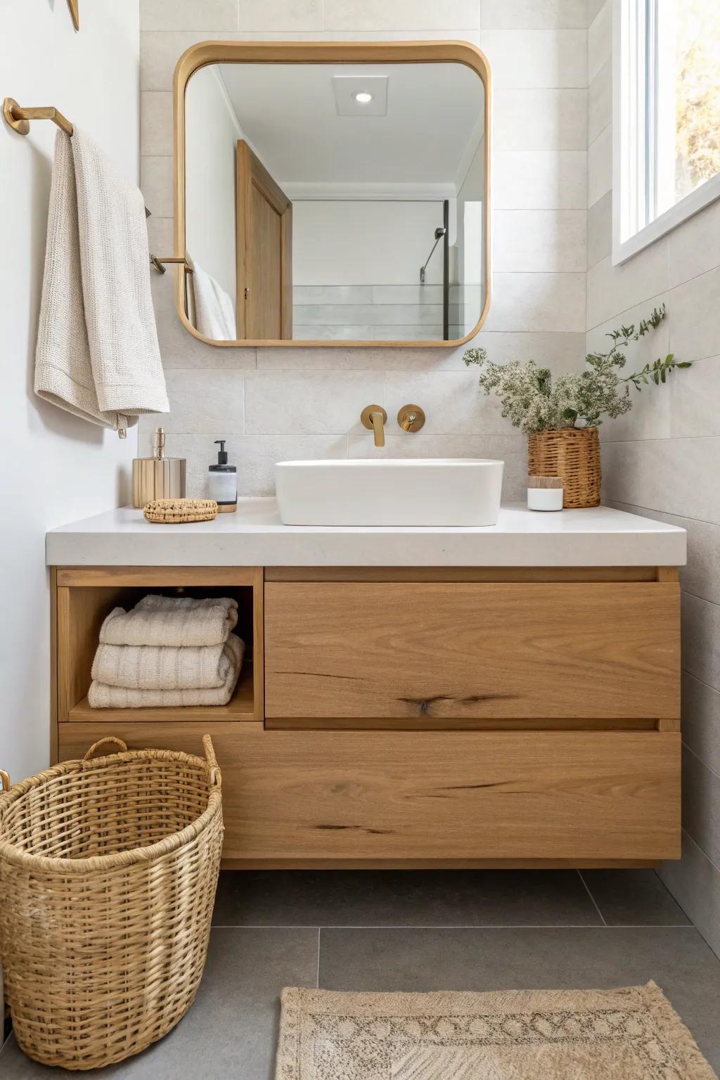A floating oak vanity keeps tiny cabin bathrooms feeling open—more floor showing, less visual bulk.