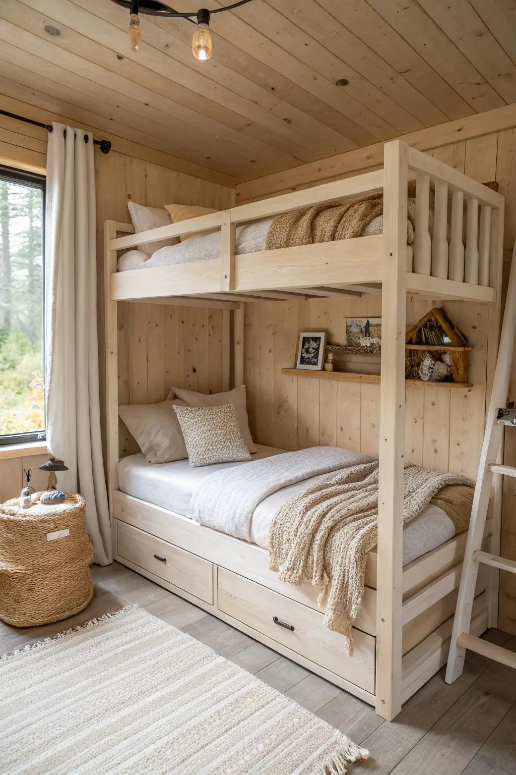 Double-stacked bunks with under-bed drawers keep cabin essentials tidy without extra furniture.
