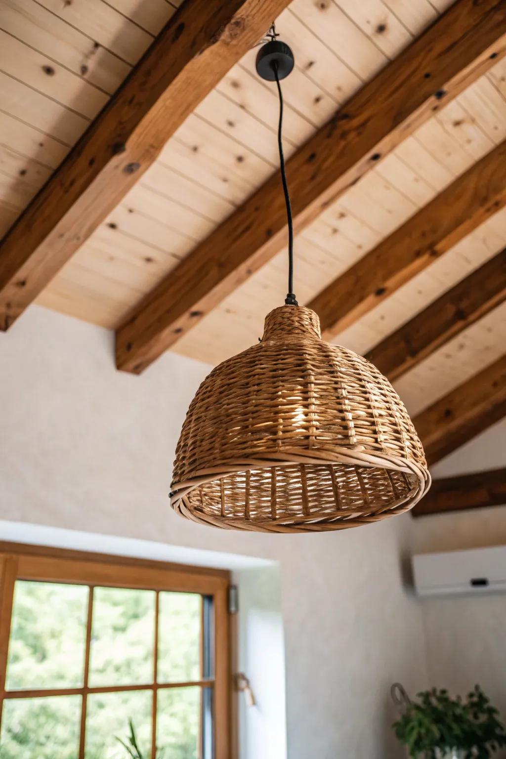 Let exposed beams shine—one simple rattan pendant turns the wood ceiling into the main decor.