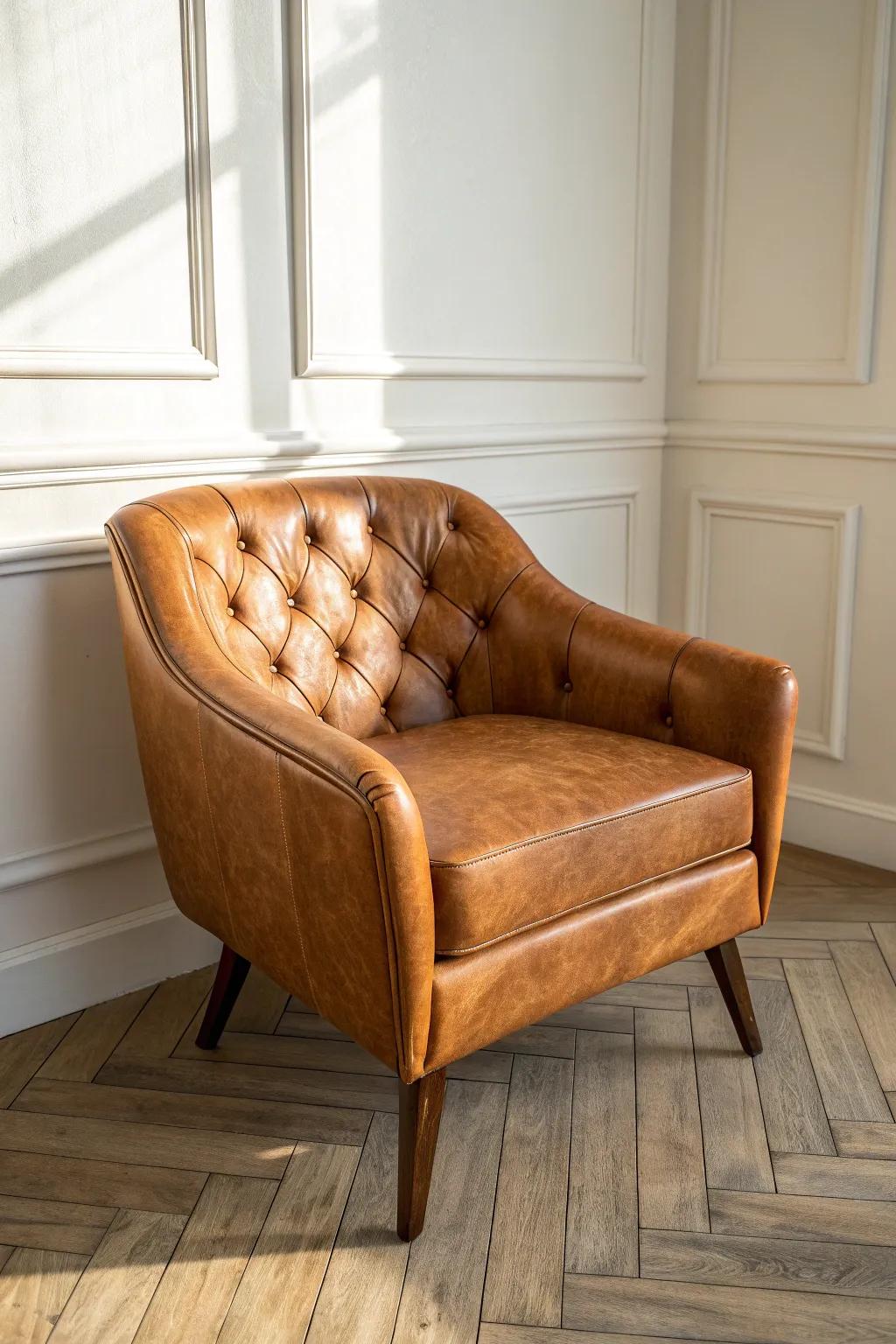 A compact tufted leather-look club chair—the perfect “main character” seat for a tiny cigar nook.