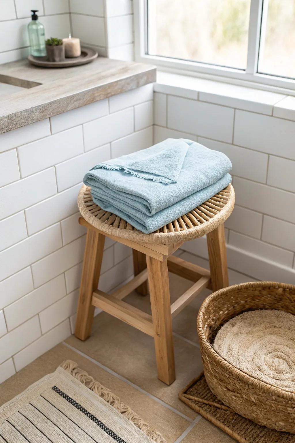A soft powder-blue towel adds coastal calm—just enough color to keep a small bathroom airy.