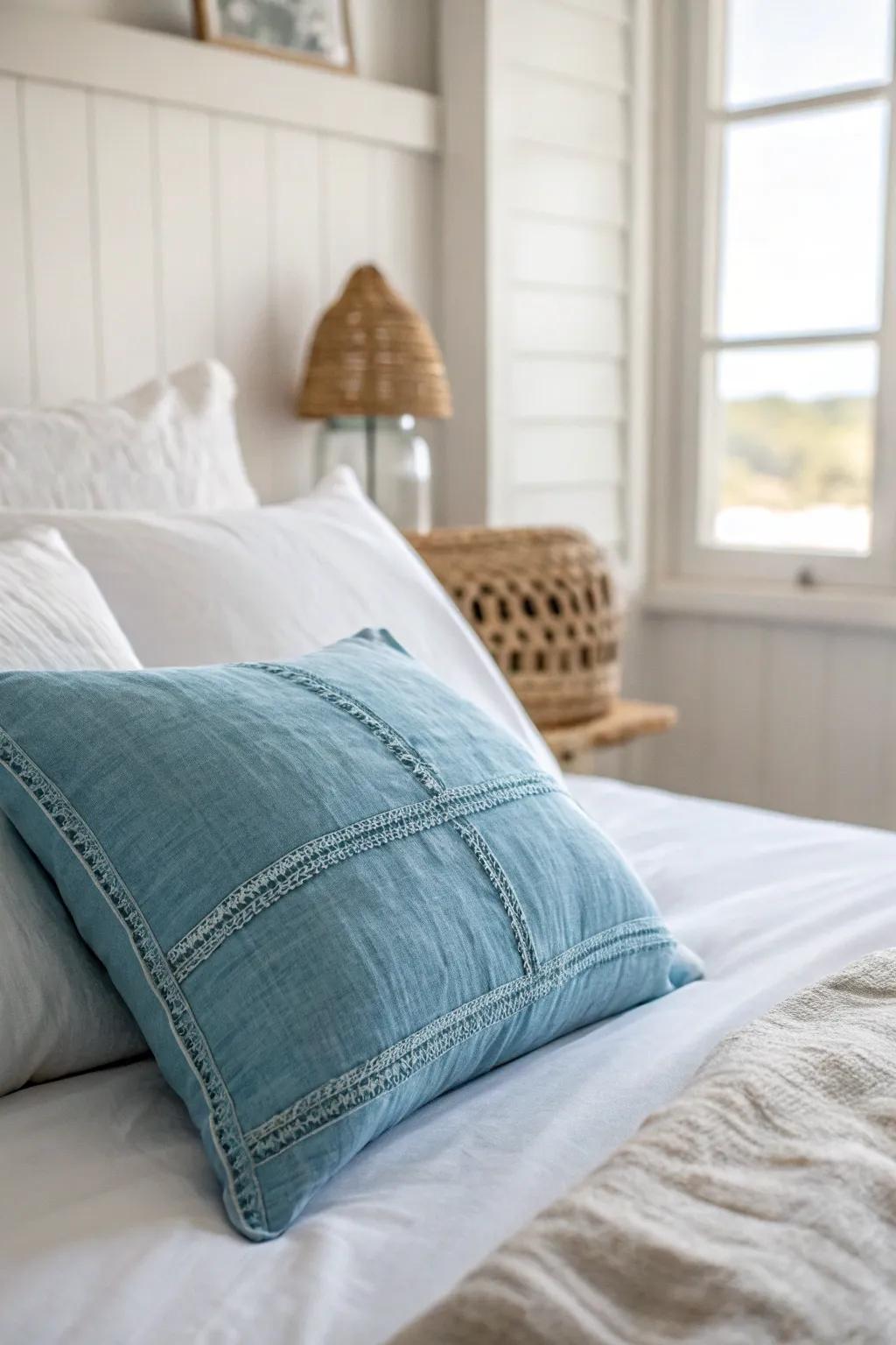 A sea-glass blue pillow adds coastal calm to a small bedroom—no repainting required.