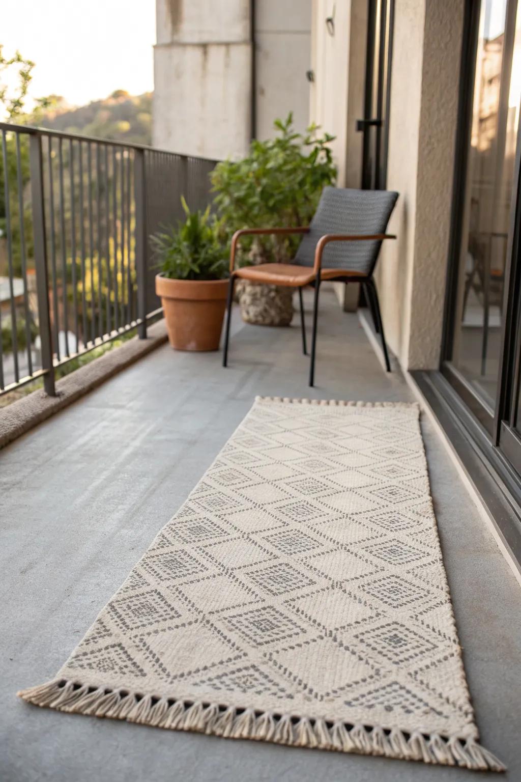 A patterned outdoor runner rug instantly makes a narrow condo patio feel like a real room.
