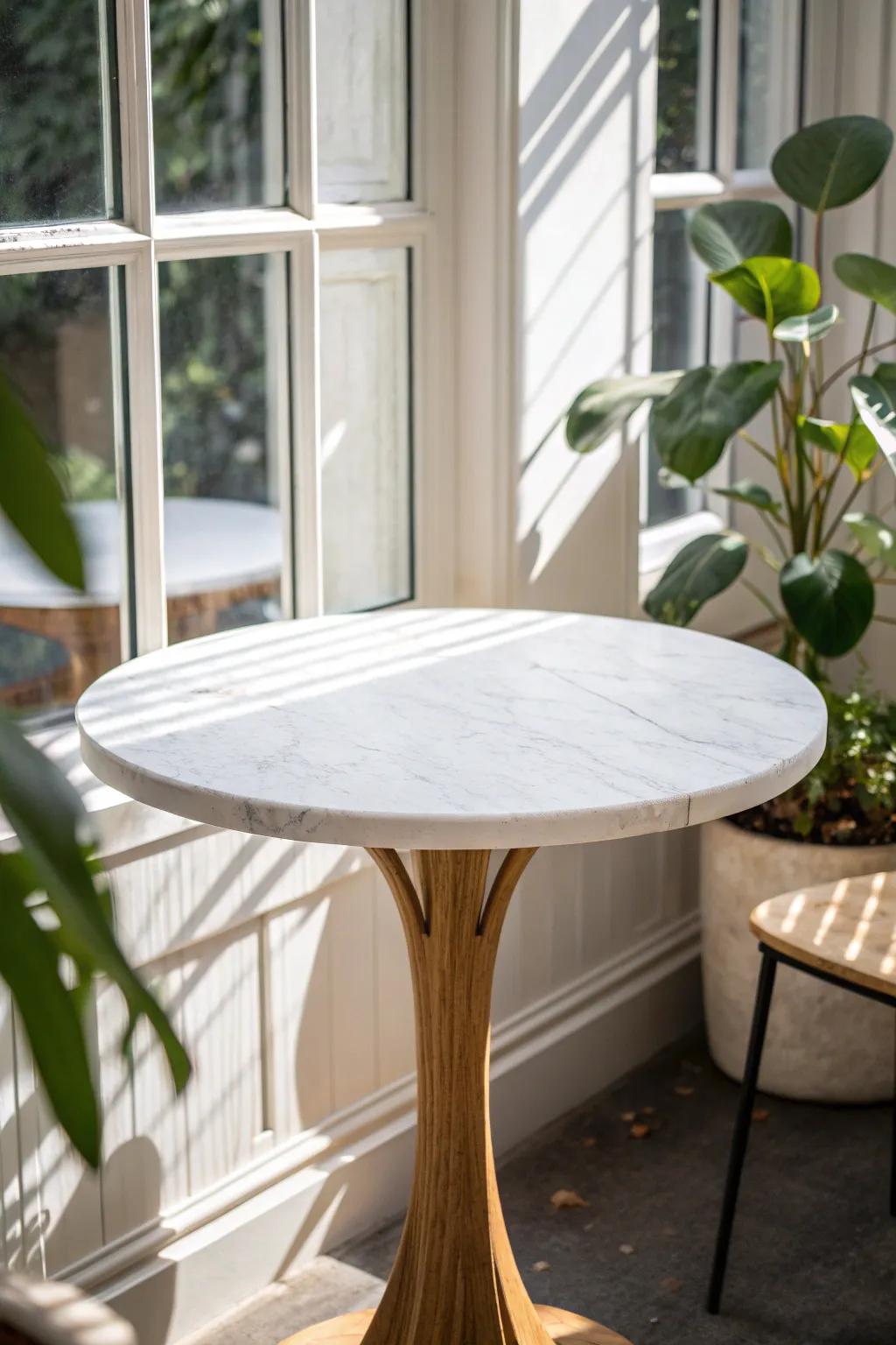 A petite round bistro table turns a sunny conservatory corner into a chic coffee-and-email nook.