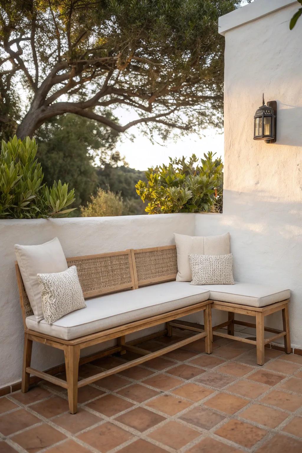 A cozy L-shaped bench that turns a tiny corner patio into a minimalist lounge moment.