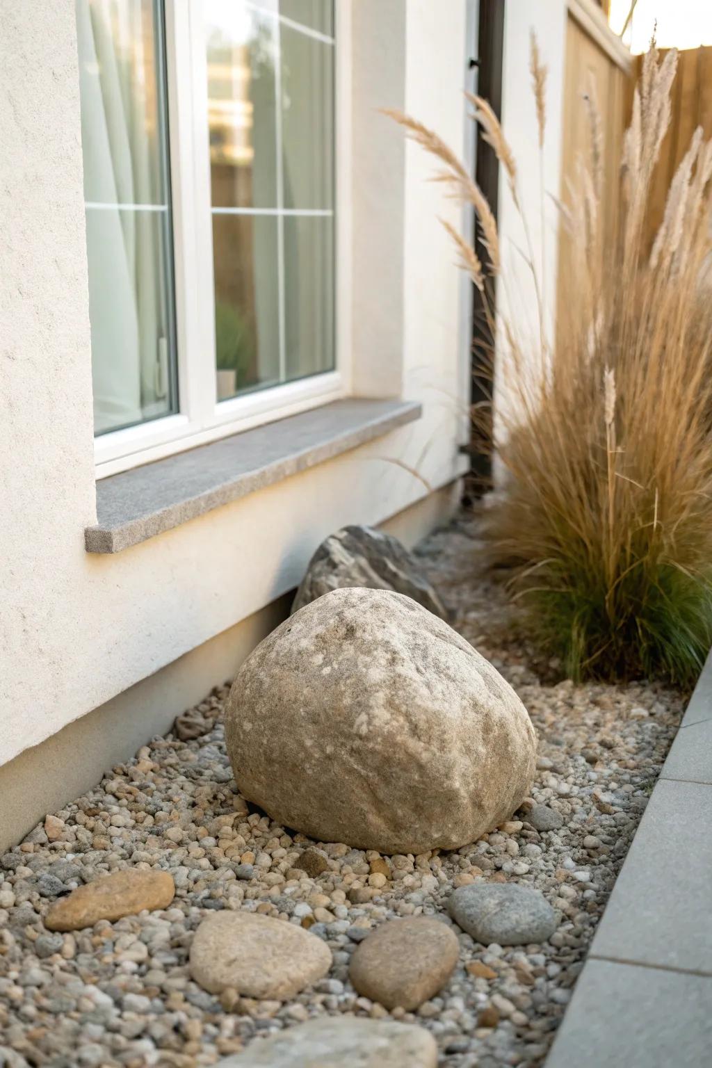 One statement boulder + pea gravel instantly makes a small corner feel designed and calm.