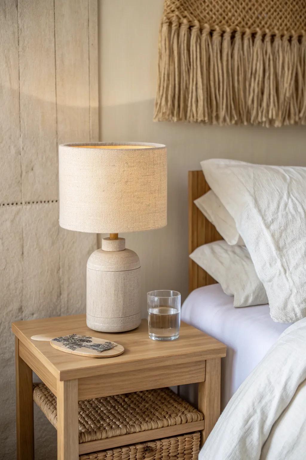 A clear nightstand—just a warm lamp and water glass—for a calmer, cozier sleep.