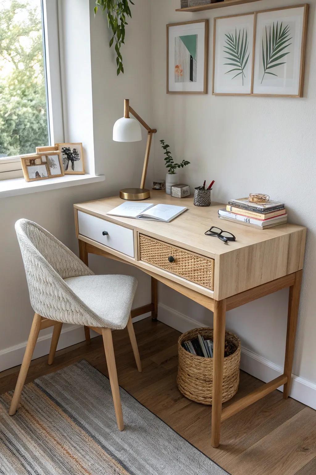 An L-shaped craft desk turns one corner into a calm, efficient creative home base.