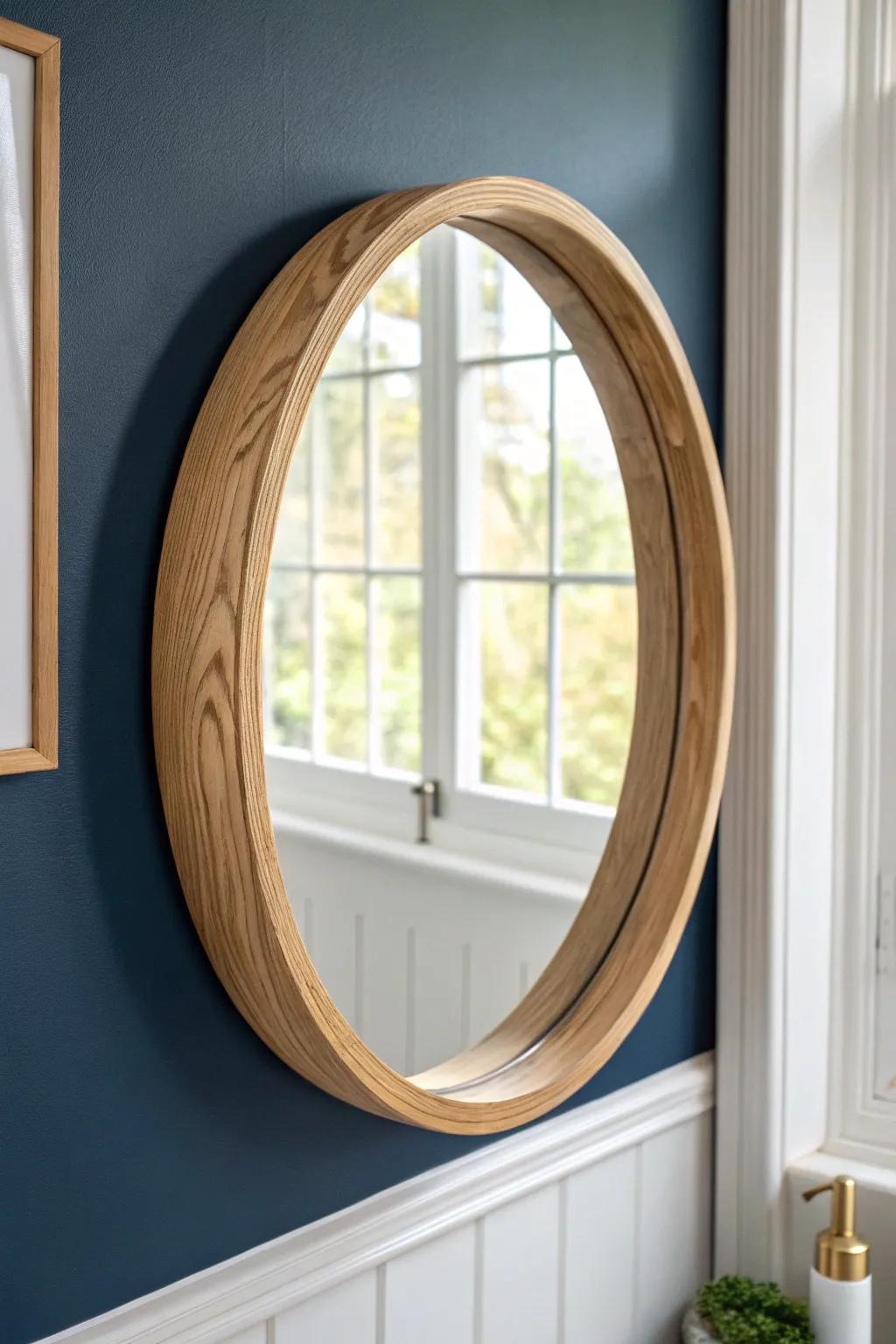 Two-tone navy and warm white walls bring drama up top and keep a small bath airy.