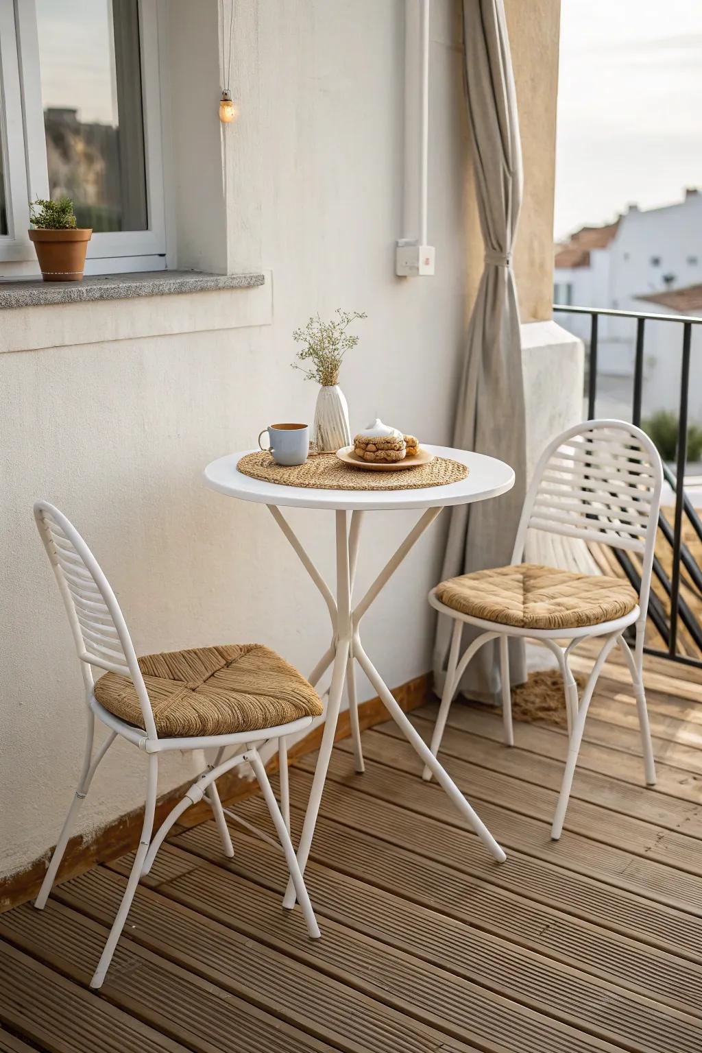 A round bistro set turns the tiniest deck into a calm morning coffee corner—no sharp edges.