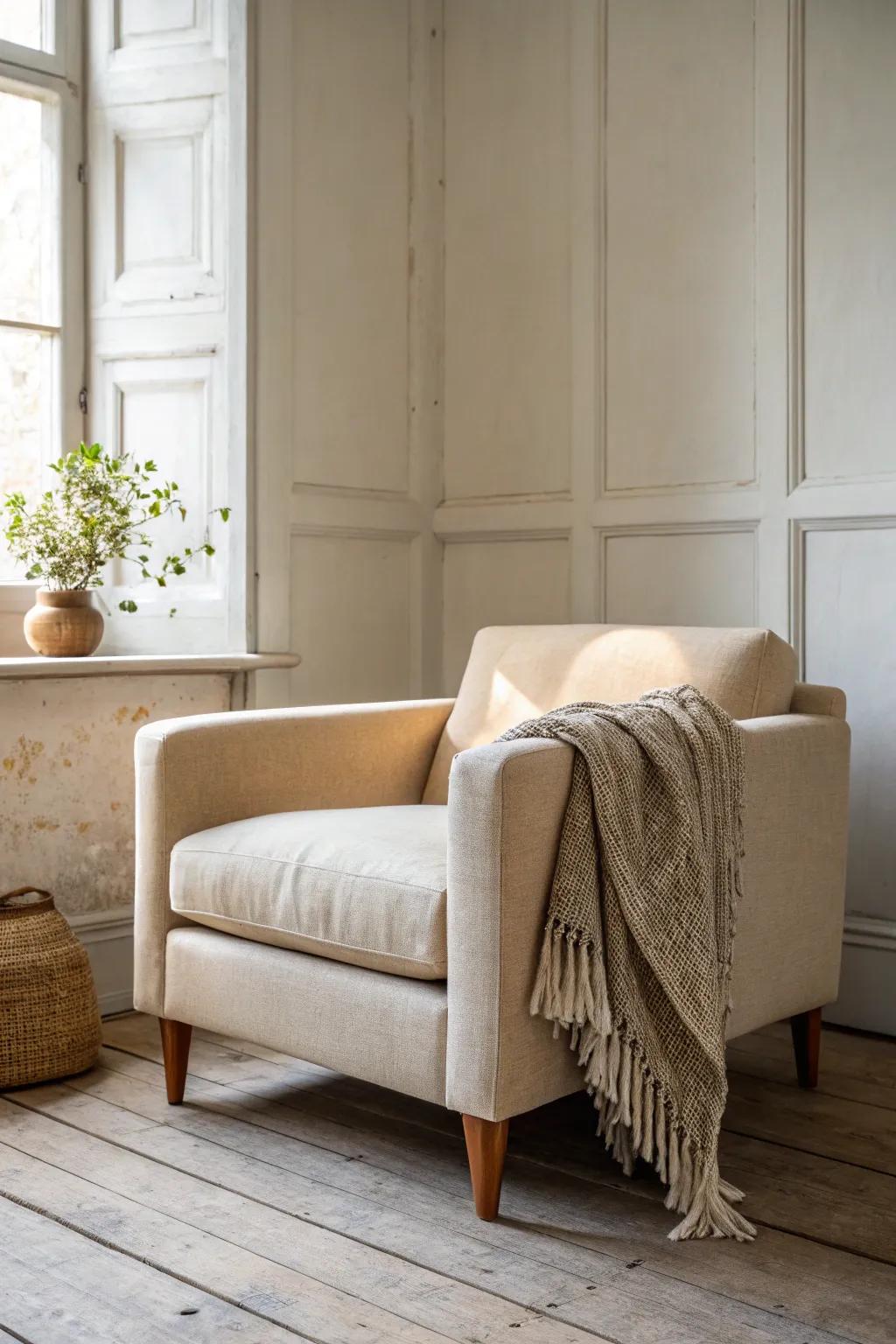 An apartment-scale sofa with slim arms and airy legs keeps a small den open and cozy.