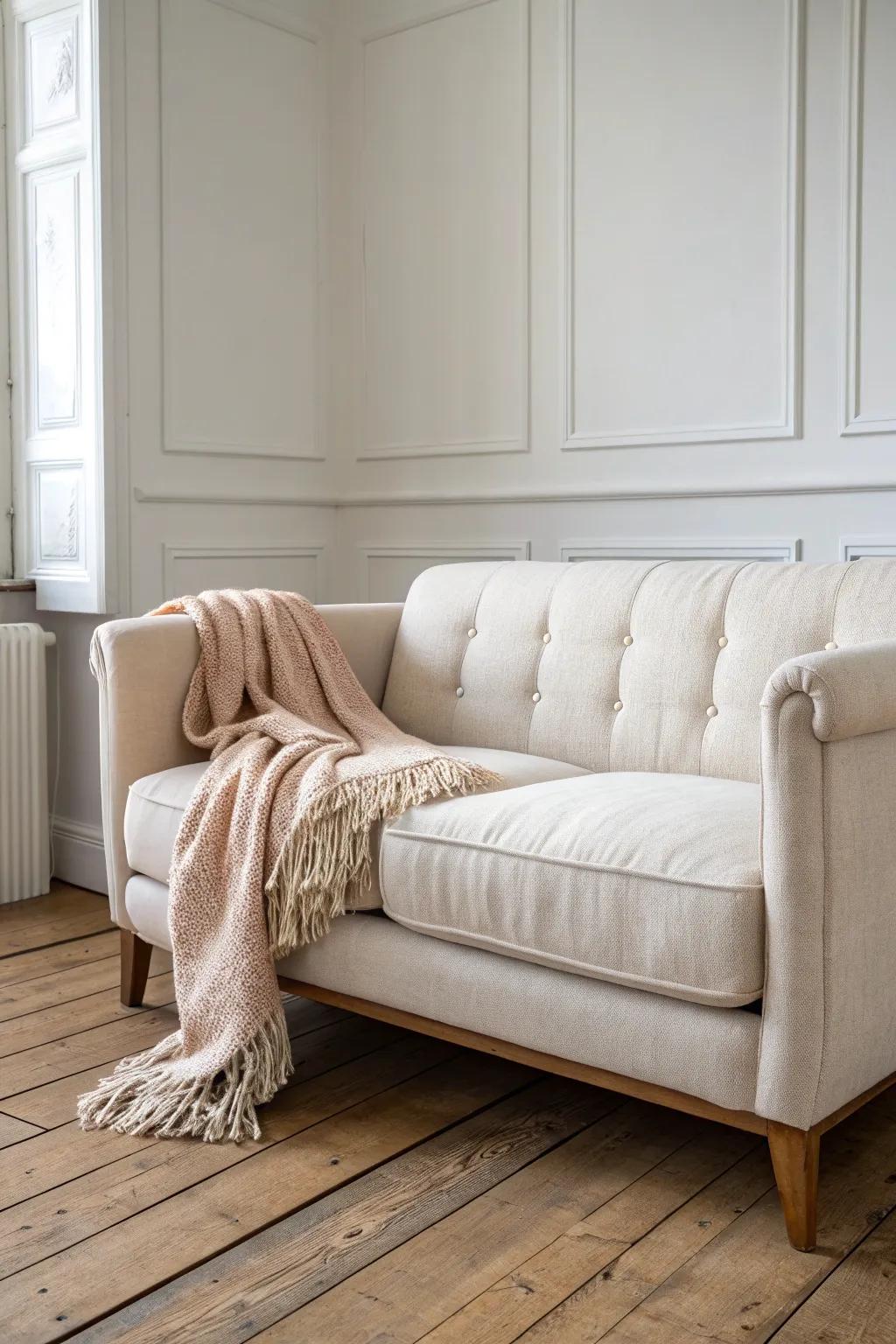 Anchor the sofa to one wall to clear the middle—your small den feels airy and easy to navigate.