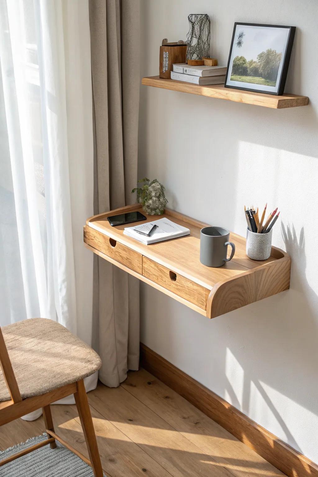 A simple floating desk shelf keeps the floor clear—small space, big calm minimalist vibes.