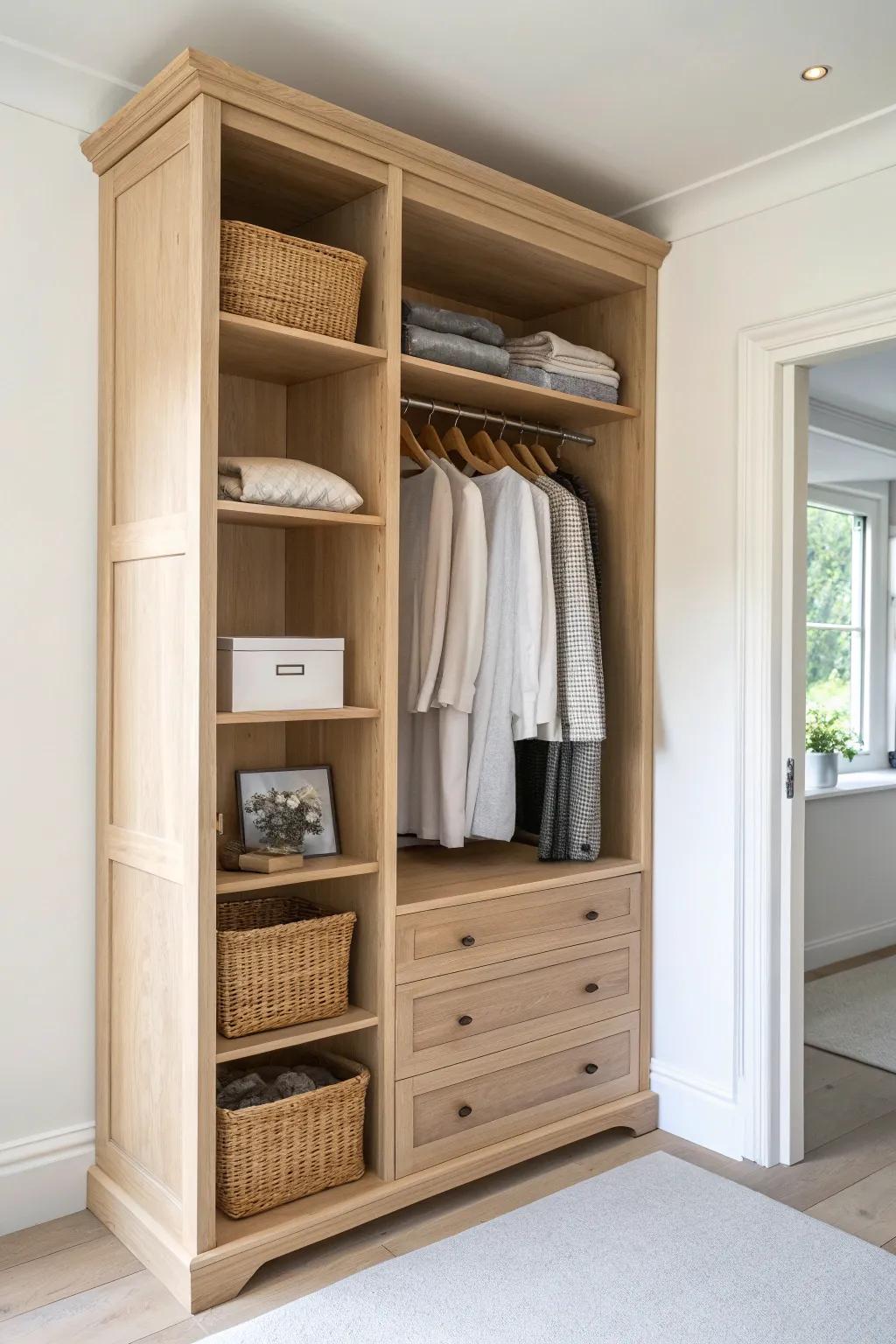 Floor-to-ceiling storage turns a tiny dressing room into calm, clutter-free square footage.