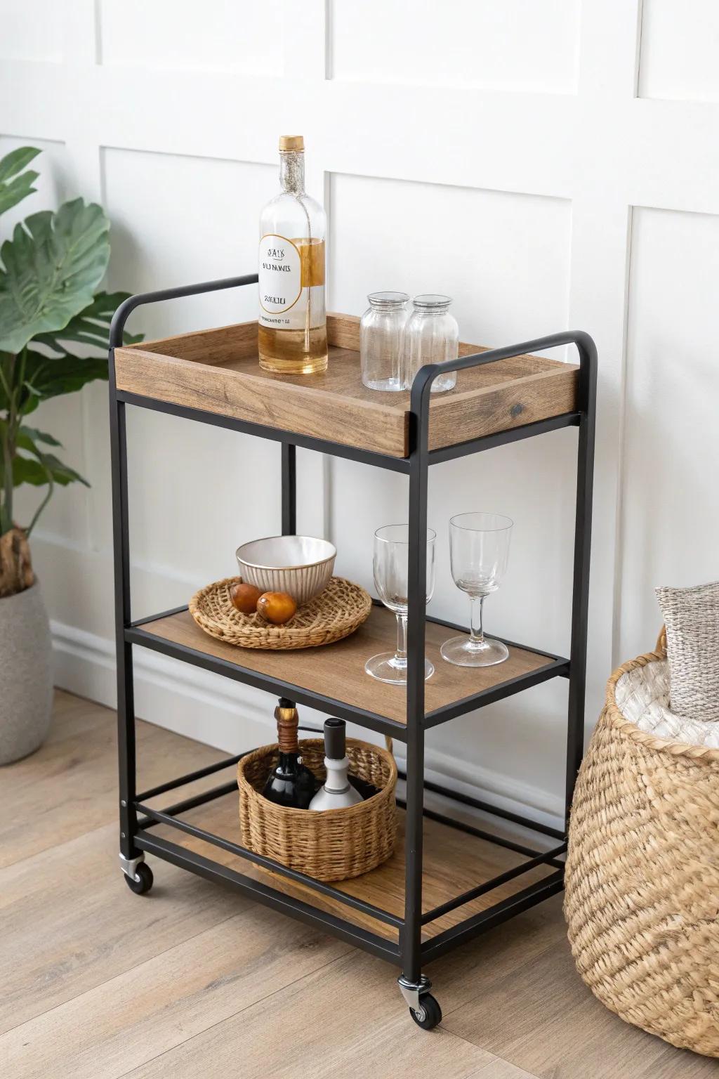 A bar cart turned tiny dry bar—tools on a tray up top, clutter hidden in a woven bin below.