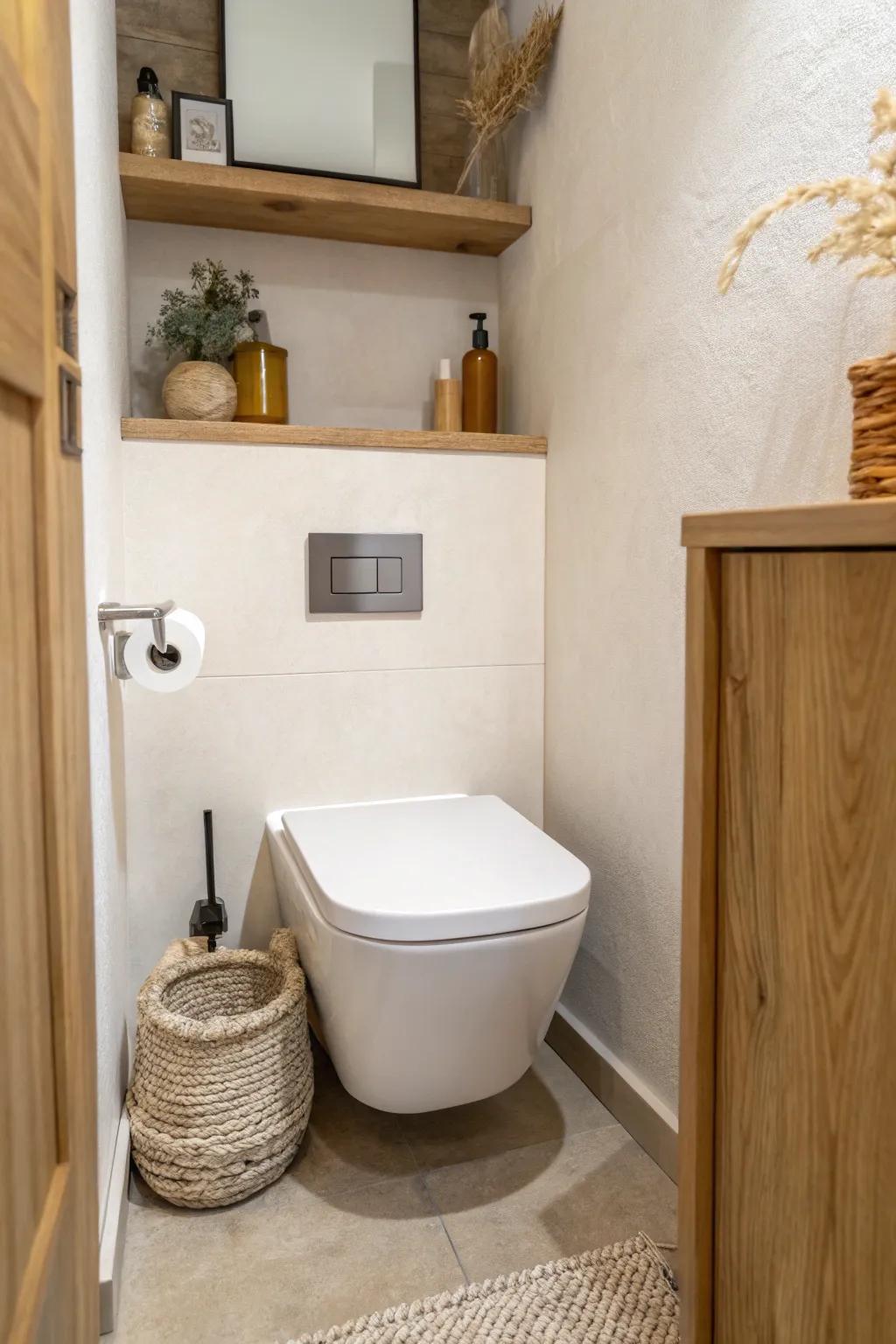 Wall-hung toilet + slim ledge = lighter sightlines and easier cleaning in tiny en suites.