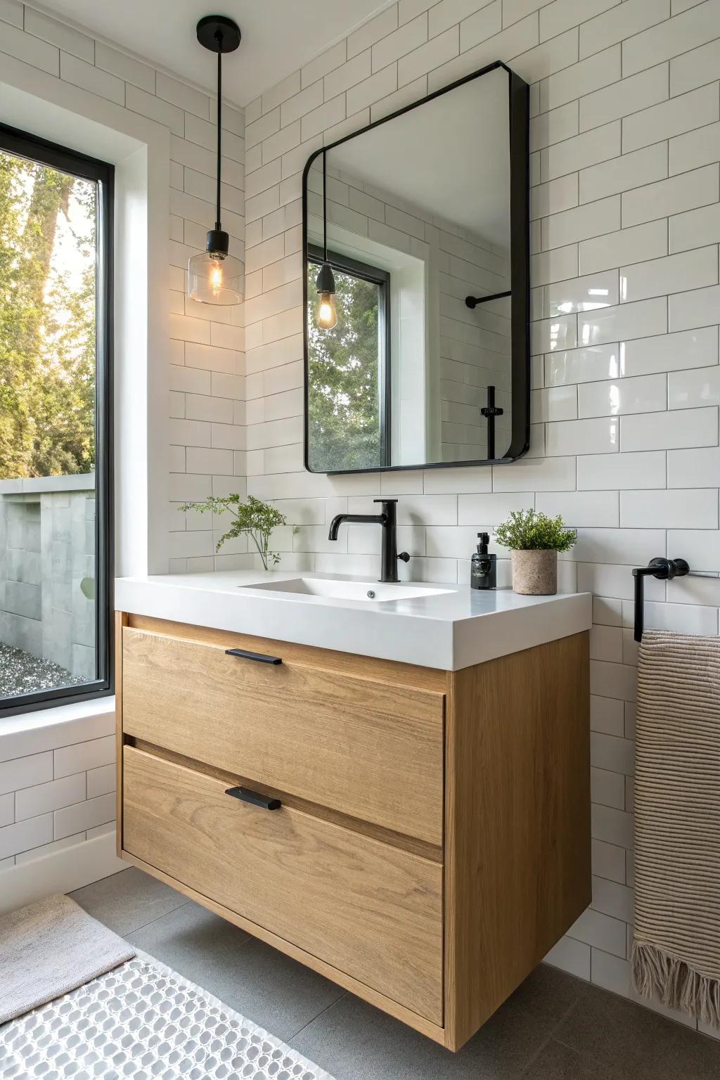 A floating vanity opens up the floor—instant airy ensuite vibes with hidden basket storage.