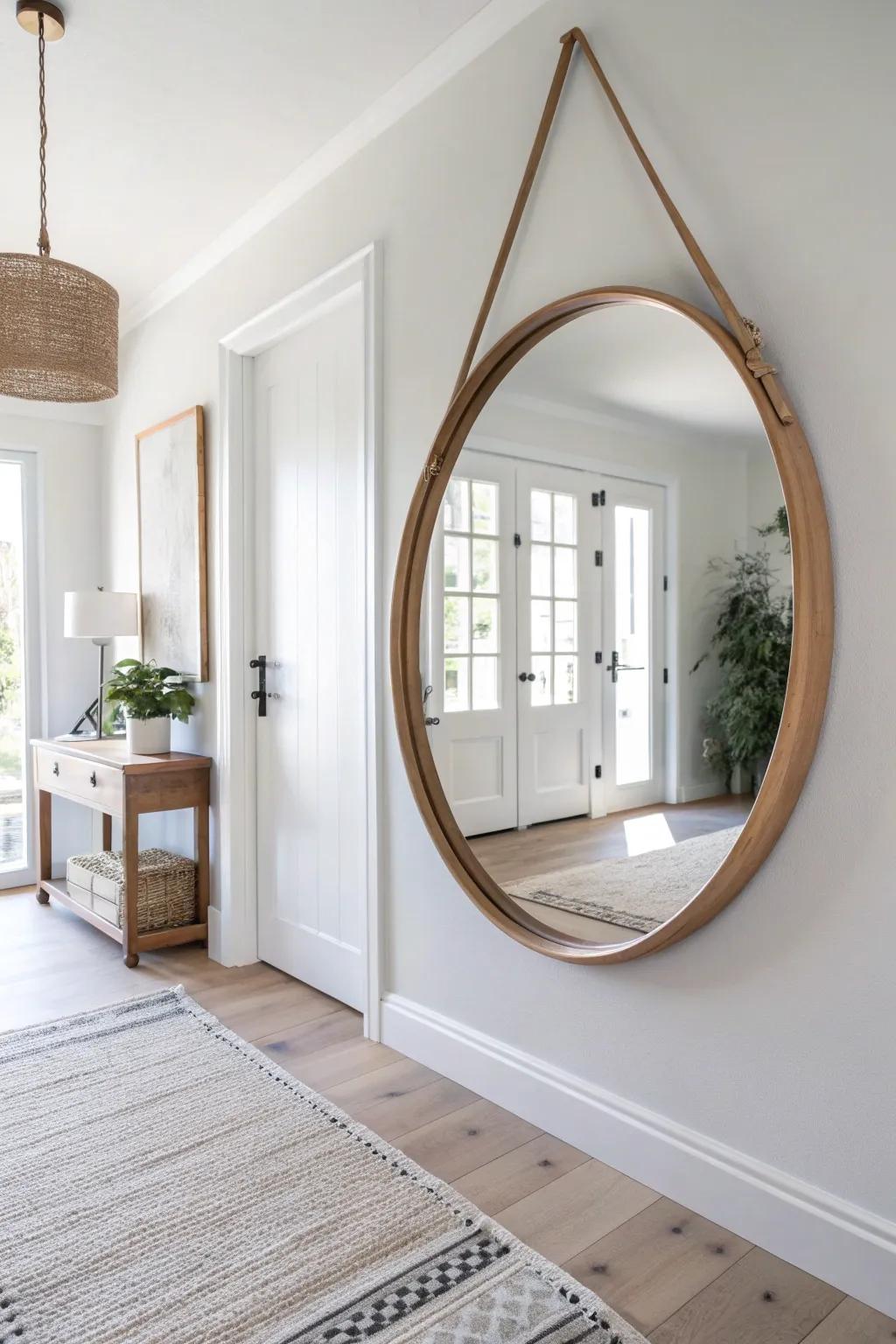 A large entryway mirror opposite the light source makes a tiny hallway feel instantly airy.