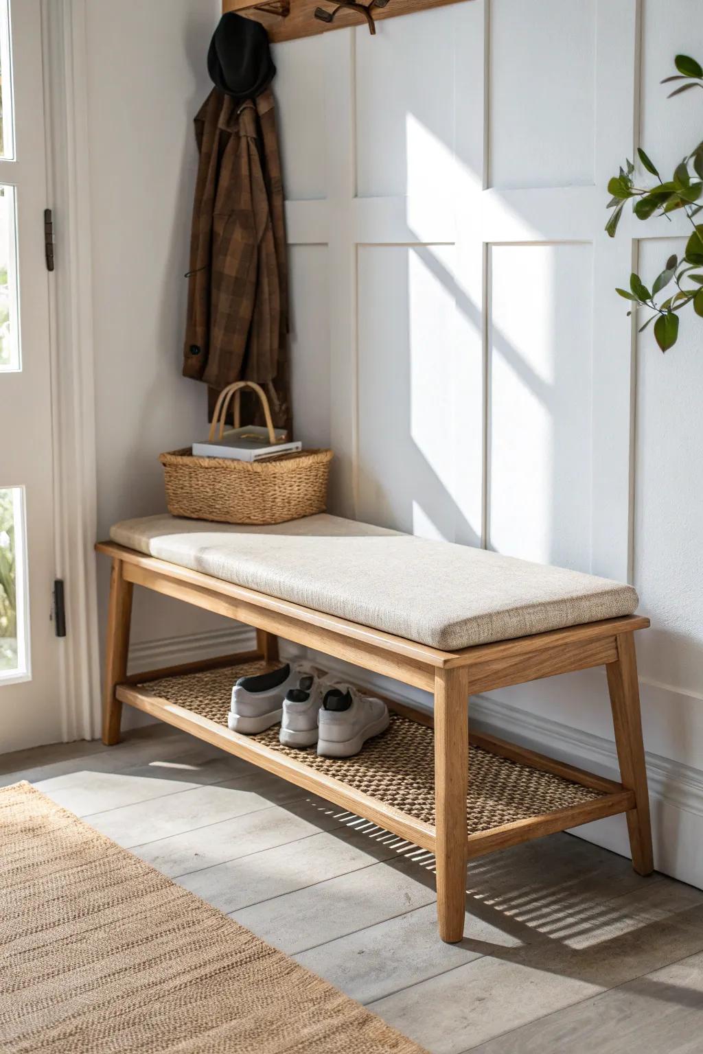 A slim open shoe-rack bench keeps a tiny entryway calm, airy, and effortlessly organized.