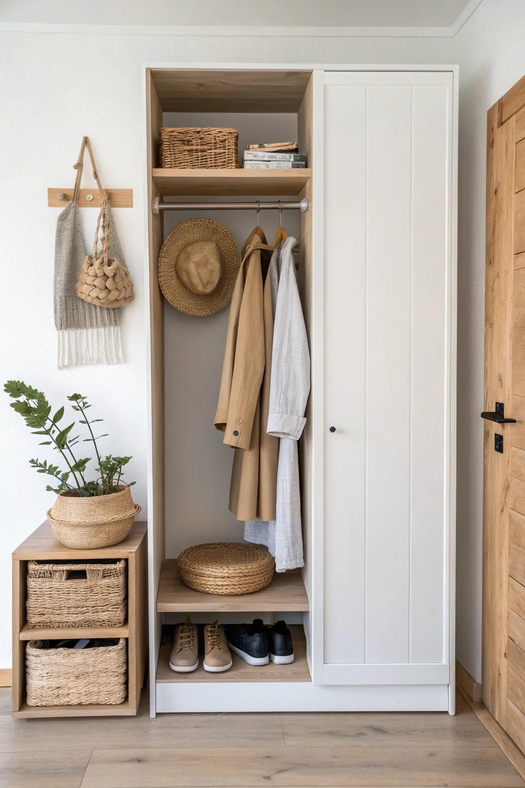 Maximize a tiny entryway: short hanging rod + slim vertical shelves for shoes, hats, and bags.