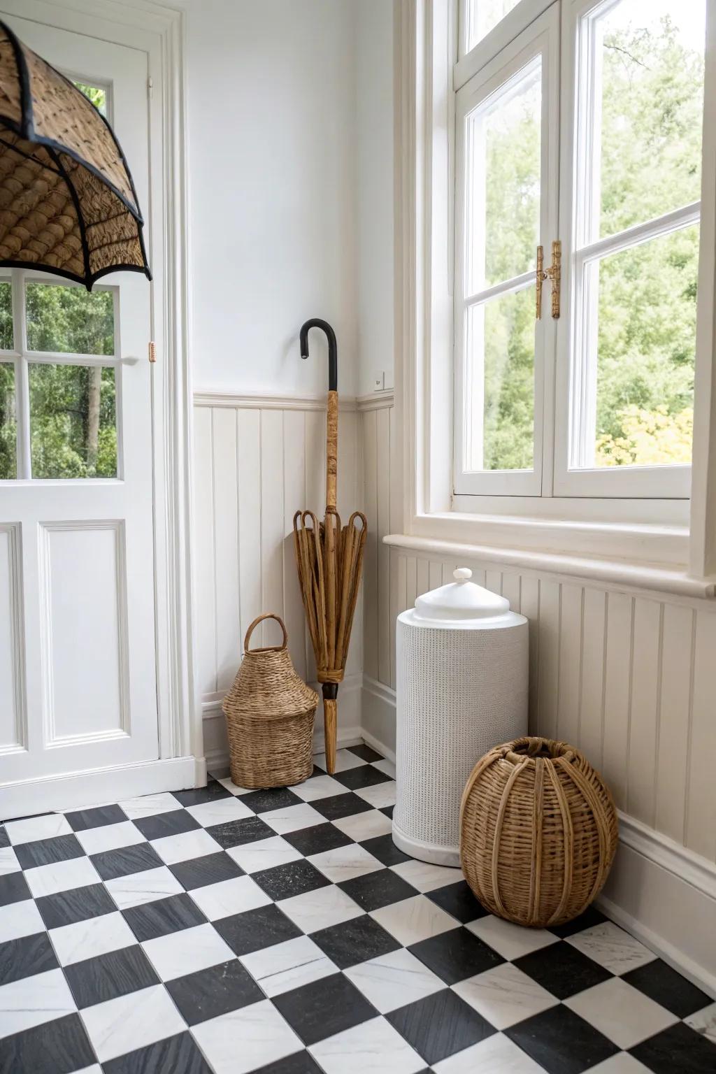 Timeless black-and-white checkerboard tile makes even a tiny foyer feel like an arrival.
